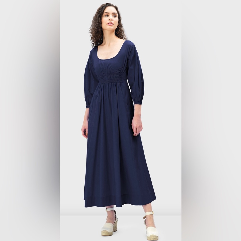 NWOT Puff Sleeve Elastic Waist Cotton Poplin Dress - Picture 2 of 8